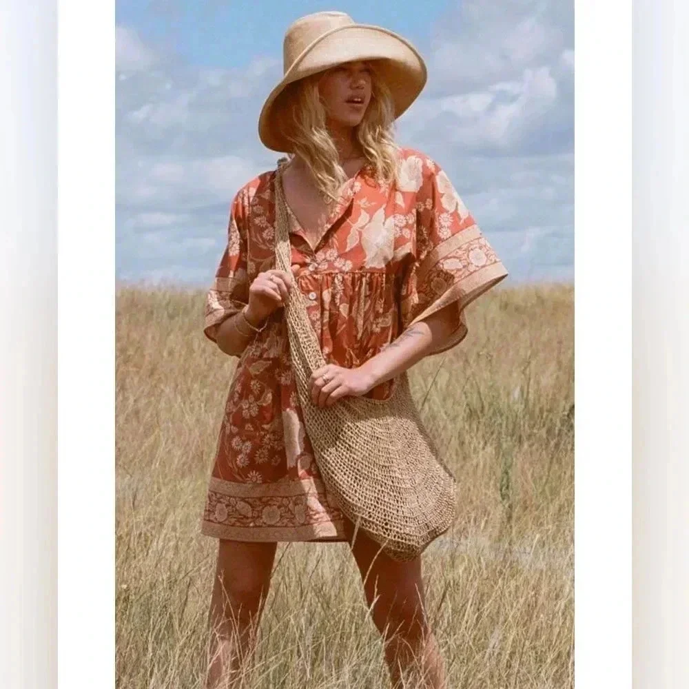 NWT SPELL & THE GYPSY Sloan Smock Mini Dress in Ochre Size M - Picture 3 of 16